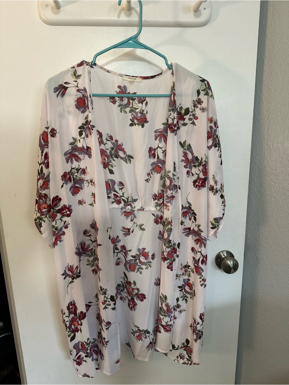 Maurices Sheer White Tunic with Red Floral Print